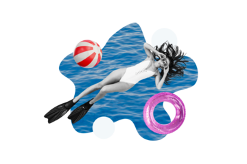Composite photo collage of sexy girl dive underwater flippers mask wear sexy white swimsuit inflatable ball isolated on painted background