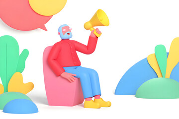 social campaign emotive portrait illustration A colorful illustration of a person with a megaphone sitting among abstract plants and shapes.
