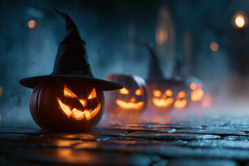 Misty evening of glowing carved jackolanterns: witch-hat pumpkin leads a lineup of spooky Halloween lanterns reflecting on wet cobblestone
