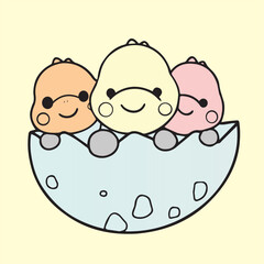 Vector design of three dinosaur animal costumes on an egg shell that is very cute and has cool colors, very suitable to be used as a poster or image on a t-shirt.