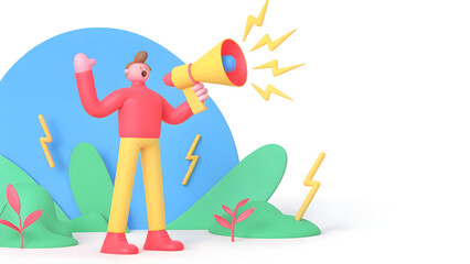 social campaign emotive portrait illustration A cartoon person with a megaphone shouts outdoors, surrounded by plants and lightning shapes.