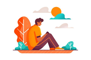 social campaign emotive portrait illustration A person sits outdoors with trees and sun, enjoying a peaceful and relaxed moment in nature.