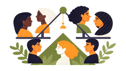 social campaign emotive portrait illustration Diverse groups of people balance on scales, symbolizing equality, unity, and fairness across cultures.