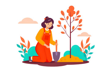 social campaign emotive portrait illustration A woman kneels and plants a tree outdoors, surrounded by colorful foliage and clouds in a flat illustration style.