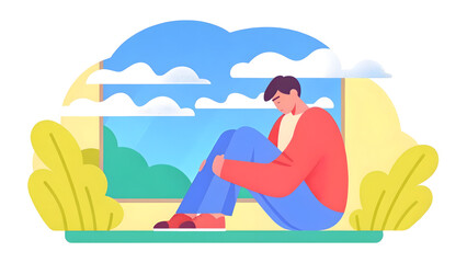 social campaign emotive portrait illustration A person sits alone indoors by a window, appearing thoughtful and introspective on a bright day.