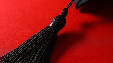 A black graduation cap tassel stands out against a bold red background,