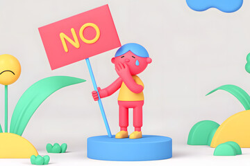 social campaign emotive portrait illustration A colorful cartoon character holding a "NO" sign, looking sad in a playful, abstract environment.