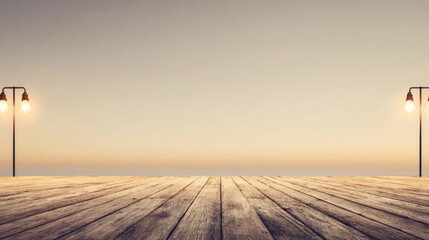 Serene weathered boardwalk with vintage street lamps casting warm glow, calm ocean horizon meeting sky,