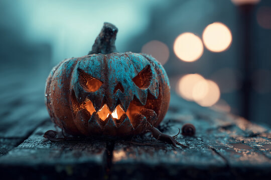 Glowing carved jack-o'-lantern on wet wooden table with eerie candlelight, snails and moody bokeh lights creating a spooky Halloween atmosphere