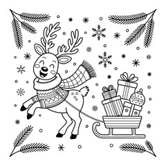 Joyful christmas reindeer pulling sleigh full of gifts and falling snowflakes