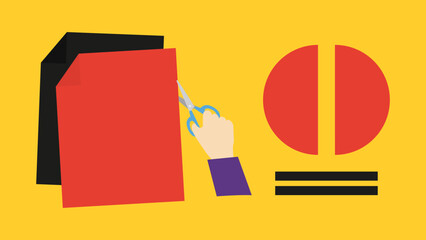 Illustration of a person cutting a sheet of paper with scissors.