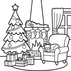 Cozy christmas scene with decorated tree fireplace and sleeping cat coloring page