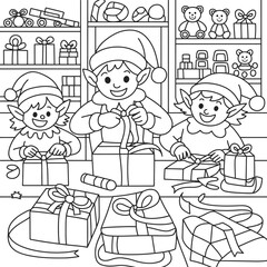 Cute christmas elves happily wrapping presents in a festive workshop scene for the holidays