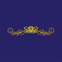 A single yellow line art illustration of a vintage baroque ornament, a classic and elegant decorative flourish with swirls and a central bow on a dark background