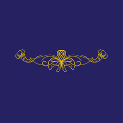 Elegant gold ornamental flourish with intricate floral swirls on a dark blue background. A classic symmetrical concept for luxury design