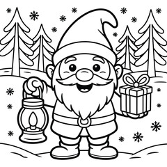 Charming christmas gnome holding a lantern and gift with snowy trees and snowflakes
