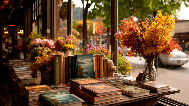 a brick-and-mortar bookstore with autumn-themed window displays and a stack of fall-themed books visible through the windows