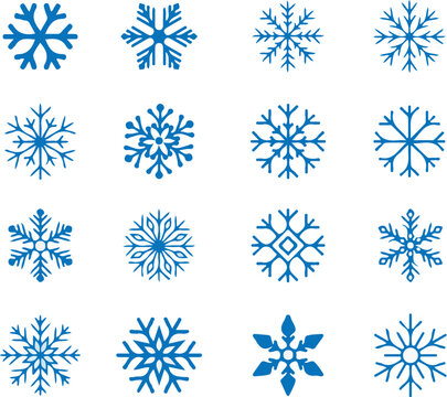 Blue snowflake vector set &ndash; winter frost crystal icons collection, frozen ice flakes, cold season symbols, geometric snow pattern design elements for Christmas, holiday, and decoration themes