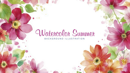 Watercolor Summer Floral Border with Pink and Orange Flowers. The border is adorned with a lush arrangement of blossoms and delicate foliage in various shades of pink, red, and orange.