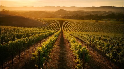 Golden vineyards stretch across rolling hills bathed in warm sunset light,