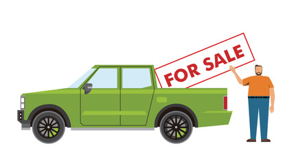 Green Pickup Truck with “FOR SALE” Sign and Man Standing Beside – Flat Vector Illustration