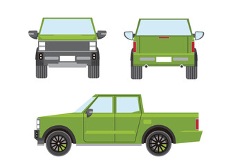 Green Pickup Truck Flat Design – Front, Side, Rear Views Vector Illustration.