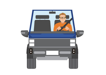 Blue Pickup Truck with a man – Modern Flat Vector Style, A man enjoying driving and traveling alone
