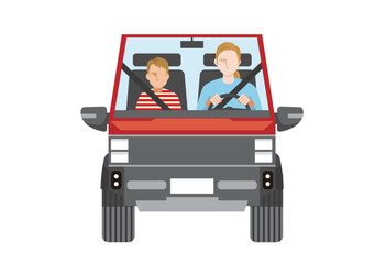 Mother and Son in Red Pickup Truck – Front View Flat Vector Illustration, Parents and children enjoying a drive and trip