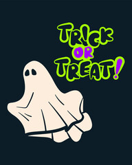 Trick or treat card for Halloween. Doodle style poster with flying ghost. Flat vector illustration.