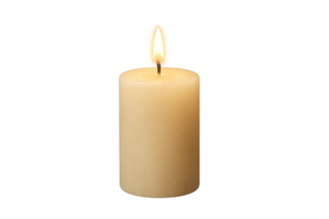 Lit beige pillar candle with small flame on transparent background