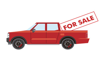 Red Pickup Truck with “FOR SALE” Sign – Flat Vector Side View