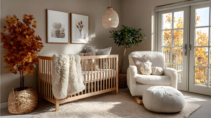 Modern nursery with a wooden crib, autumn-themed mobile, and a cozy rocking chair, decorated in warm, neutral tones with soft natural light