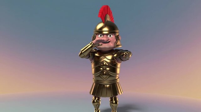 Soldat romain cartoon en armure dor&eacute;e saluant avec fiert&eacute;