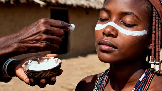 An elder's hands apply traditional white paint to a young African girl's face during a ritual ceremony, symbolizing cultural heritage, tribal customs, and generational connection
