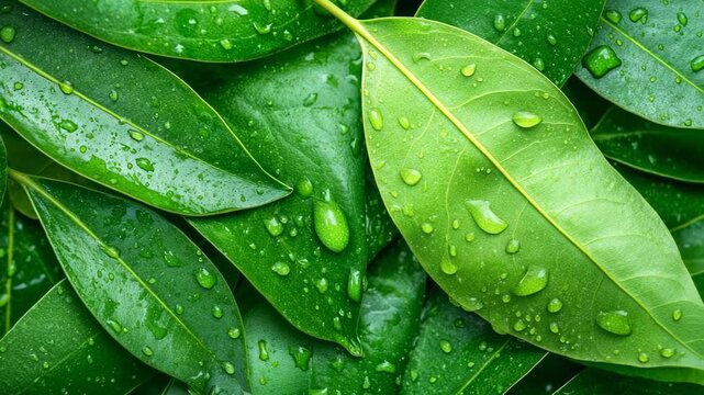 A macro view of vibrant, wet green leaves covered in shimmering water droplets