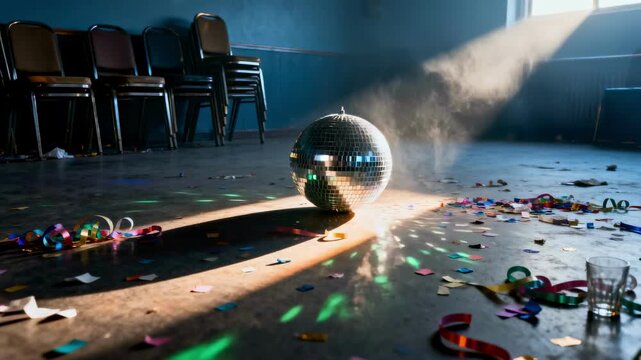 A disco ball lies on a messy floor covered with confetti in an empty room after a party, illuminated by a beam of light, a scene symbolizing the end of a celebration, loneliness and nostalgia
