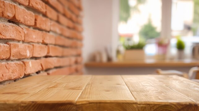 A wooden table rests against a rustic brick wall in a cozy indoor setting,