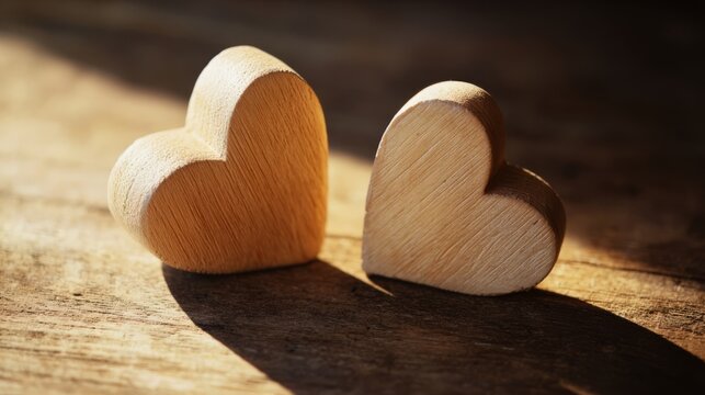 Two wooden hearts of different sizes rest on a rustic wooden surface bathed in warm sunlight casting soft shadows evokin