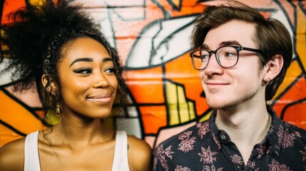 Naklejka premium Two individuals stand before a vibrant mosaic backdrop, radiating warmth and camaraderie.