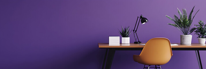Modern Home Office Desk With Orange Chair and Green Plants Against Purple Wall