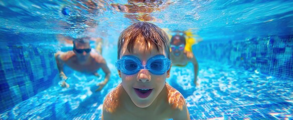 The boy with blue goggles swimming underwater in a sunlit family pool