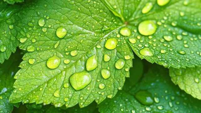 A vibrant macro view of lush green leaves covered with glistening water droplets