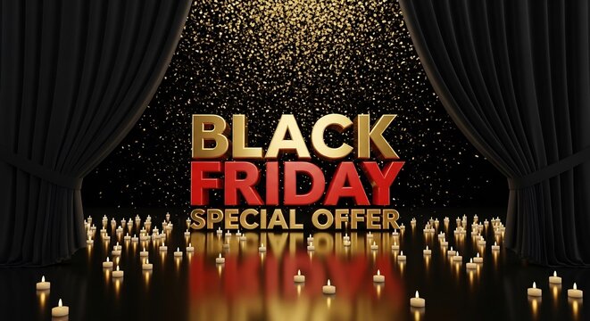 Captivating Black Friday promo with a luxurious gold and red theme. Ideal for advertising special offers, shopping deals, and holiday promotions during November sales.