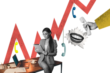 Composite trend artwork image photo collage of workspace office manager young lady work tablet landline phone call mouth talk service line