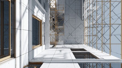 Top down view of a modern building interior with golden scaffolding and geometric patterns.