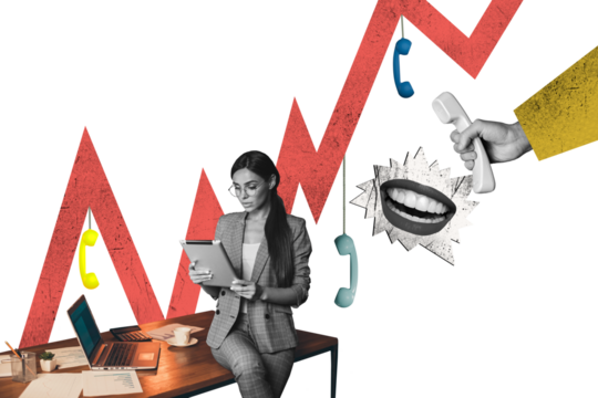 Composite trend artwork image photo collage of workspace office manager young lady work tablet landline phone call mouth talk service line