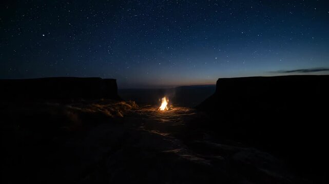 Time-lapse of a campfire burning on a mountain cliff from dusk to night. Stars appear in the dark sky over a remote wilderness landscape. Adventure and camping concept