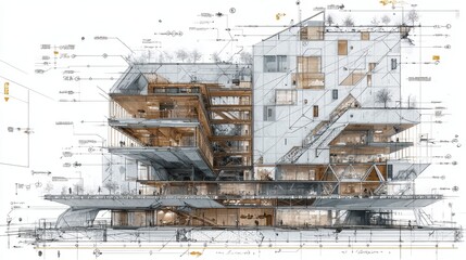 Fototapeta premium Detailed Architectural Cross-Section Diagram of a Modern Multi-Story Building Design