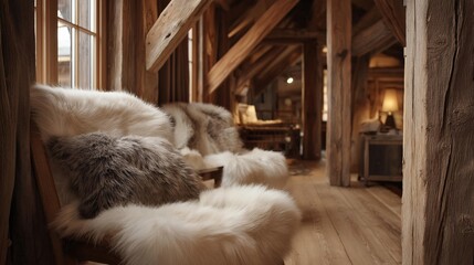 Cozy living room with wooden walls and beams. the room has a high ceiling with wooden beams and a large window on the left side.