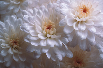 Obraz premium Soft White Chrysanthemum Close-Up with Dewdrops — Macro Floral Photography Highlighting Delicate Cream Petals and Fresh Morning Beauty